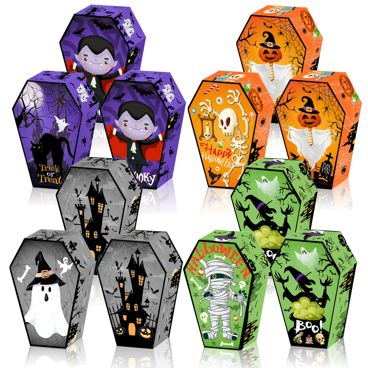 12pcs Halloween Coffin Shape Snack Box Skull Bat Ghost Goodie Boxes for Happy Halloween Party Decor Supply Trick or Treat Box