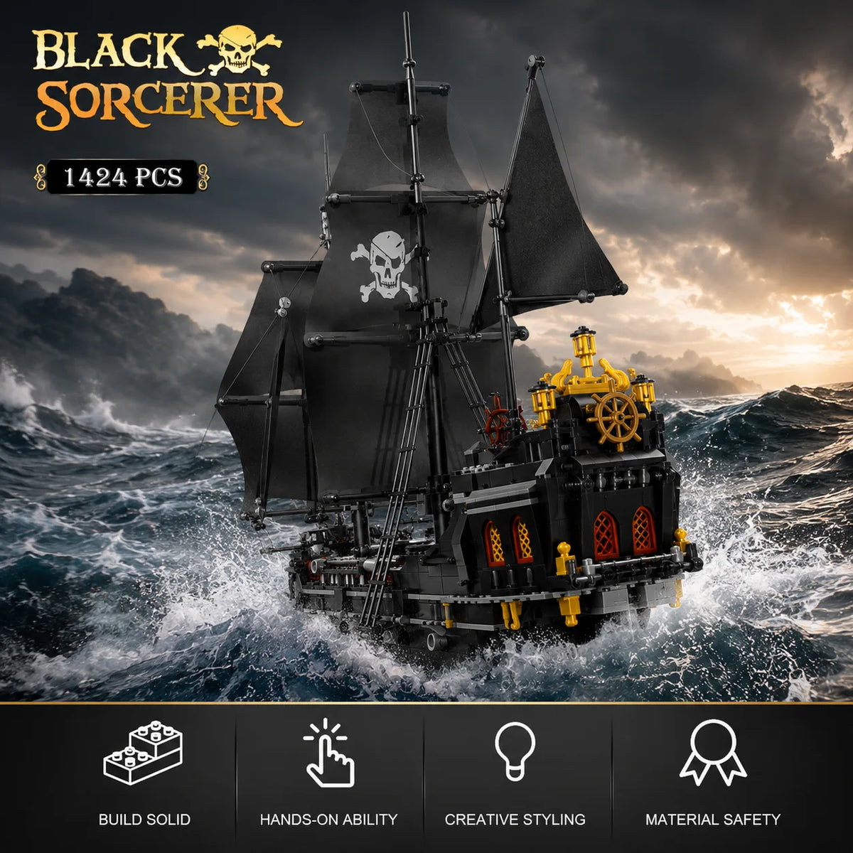 1424PCS Black Pirate Ship Building Blocks Skeleton Ghost Boat Model Assembly Bricks Toys Desktop Decoration Adult Holiday Gifts