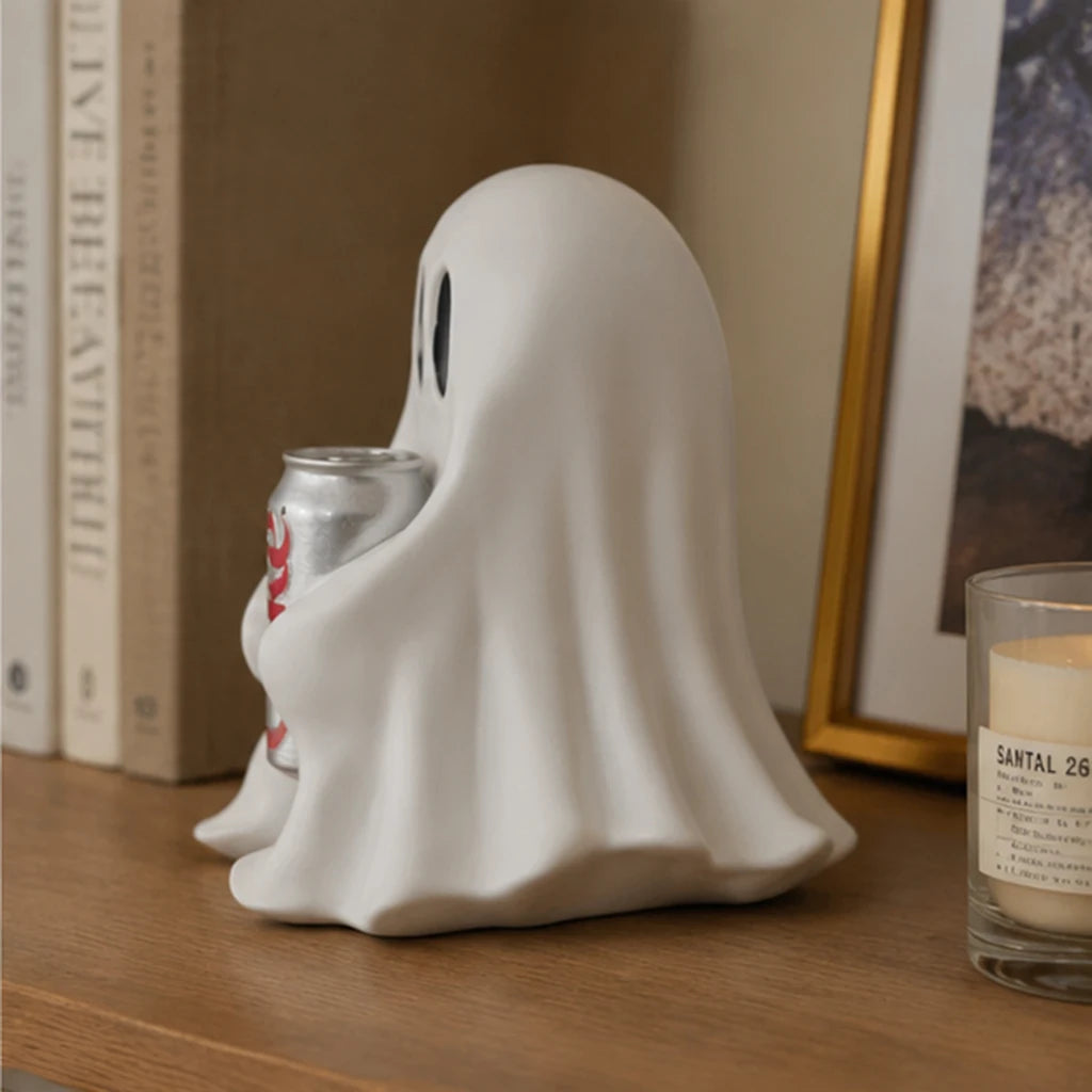 Ghost Holding Soda Can Resin Statue, Spooky Ghost Drink Holder Figurine, Halloween Desktop Ornament,Funny Ghost Table Home Decor