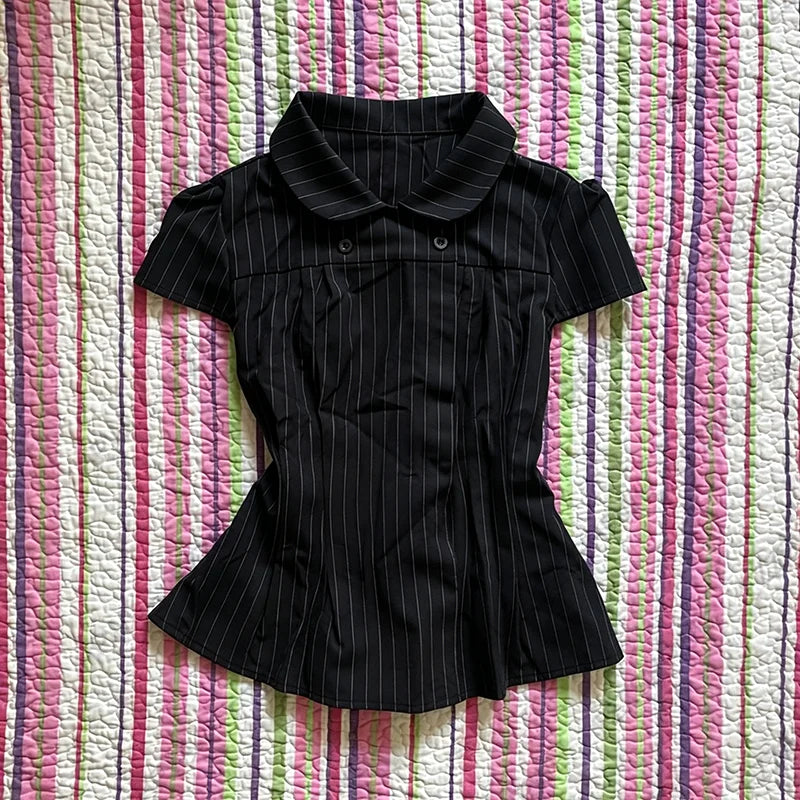 Fashion New Women Y2k Short-sleeved Shirt with Casual Striped Pattern Turn-down Collar Buttoned T-shirt Punk Gothic Streetwear