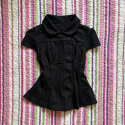 Fashion New Women Y2k Short-sleeved Shirt with Casual Striped Pattern Turn-down Collar Buttoned T-shirt Punk Gothic Streetwear
