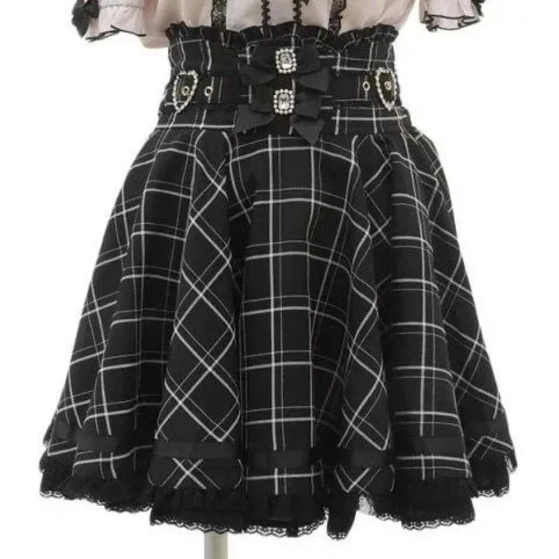 Japanese Sweet Lolita Style Mini Skirt Women Elegant Lace Bandage Party Cake Skirts Female Gothic Y2k Metal Buckle Skirt