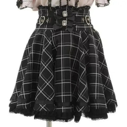 Japanese Sweet Lolita Style Mini Skirt Women Elegant Lace Bandage Party Cake Skirts Female Gothic Y2k Metal Buckle Skirt