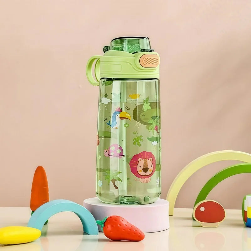 550ml Kids Cartoon Animal Water Bottle with Safety Lock Portable Leak-proof Straw Cup for Outdoor Camping Travel