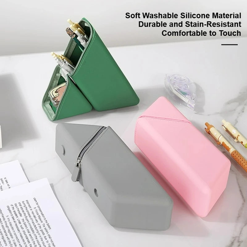 Creative Silicone Pencil Case Large Capacity Simple Design Dual-Purpose Pen Holder Multi-Layer Storage Triangular Stand-Up Style