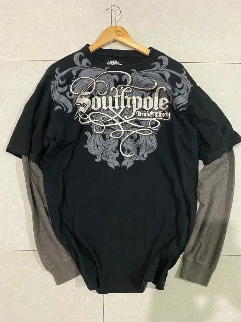 American New Retro Trend Printed Long Sleeve 90s Street Hip-Hop Harajuku T-shirt Men Fashion Gothic Casual Pure Cotton Loose Top