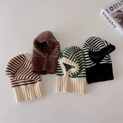 Homefish Winter Korean Fashion Children Baby Knit Hooded Scarf Caps Warm Stripe One Piece Hat Kids Accessories