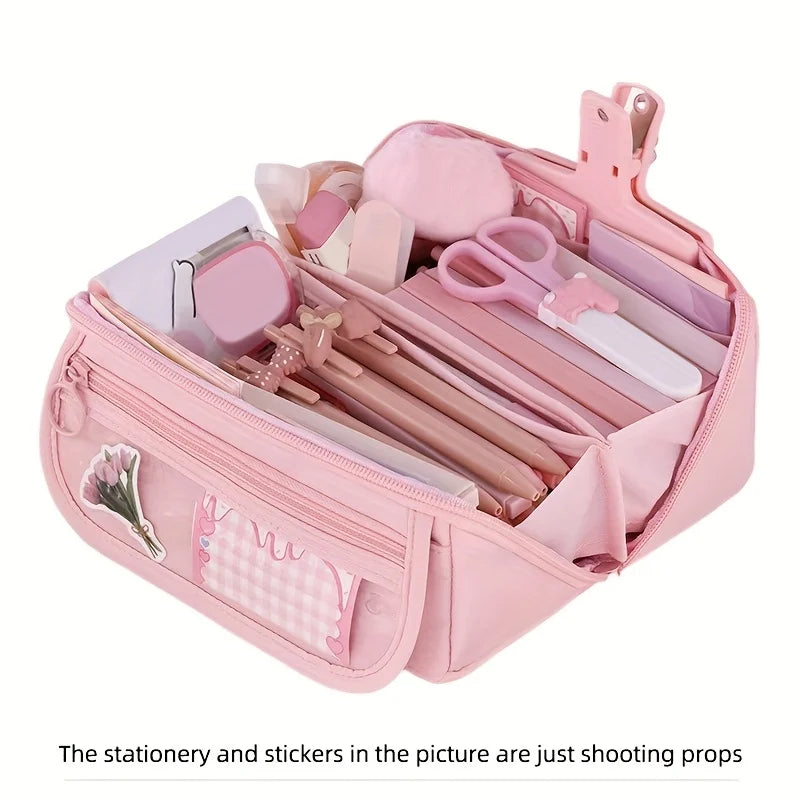 Large Capacity Pencil Case Organizer - Multi-Compartment Desktop Storage for School & Office Supplies ( Pink/Purple/Black)