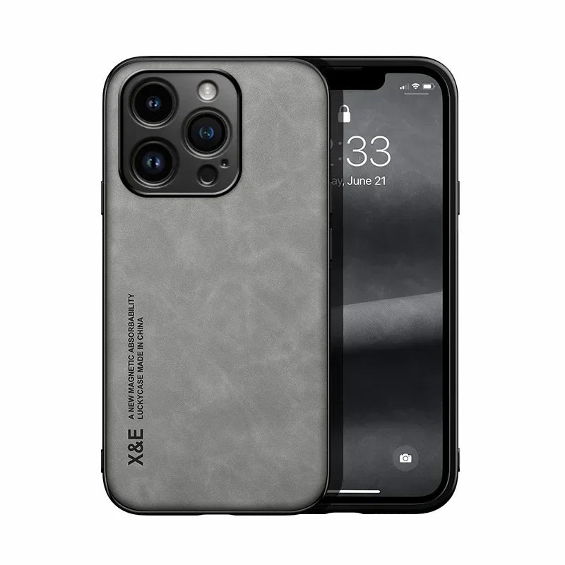 Luxury Leather Case For iPhone 17 16 16e 15 14 13 12 11 Pro Max Plus 12 13 Mini SE 8 7 Cover With Metal Plate Support Car Hold