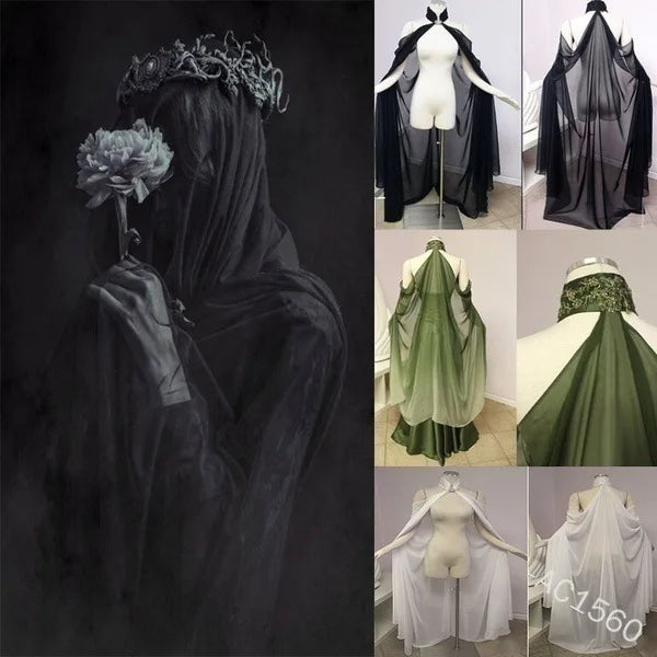 Women Medieval Shawl Cape Chiffon Gothic Wicca Robe Cosplay Dress Cloak Halloween Costume Thin Shawl Cape Stage Costume