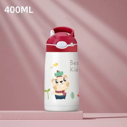 400ML  Kids Water Bottle Cartoon Animal Thermos Mug Baby Duck Billed Straw 316 Stainless Steel Vacuum Flasks Thermos Bottle