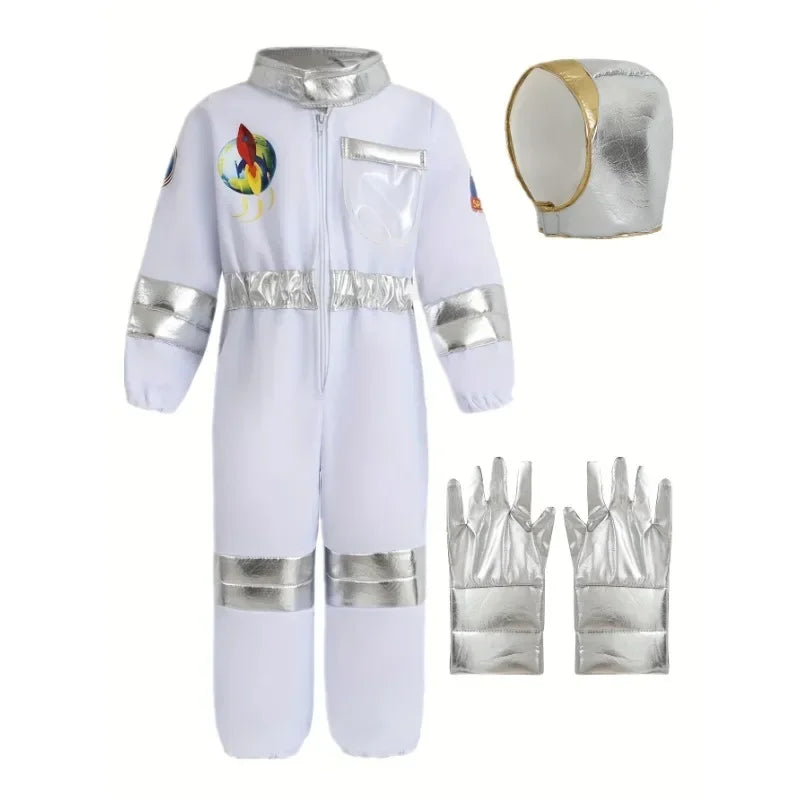 Kids US Astronaut Dressup Costume Deluxe Print Cartoon White Space Suit Bodysuit Halloween Role Play Adventure Gloves Hat Set