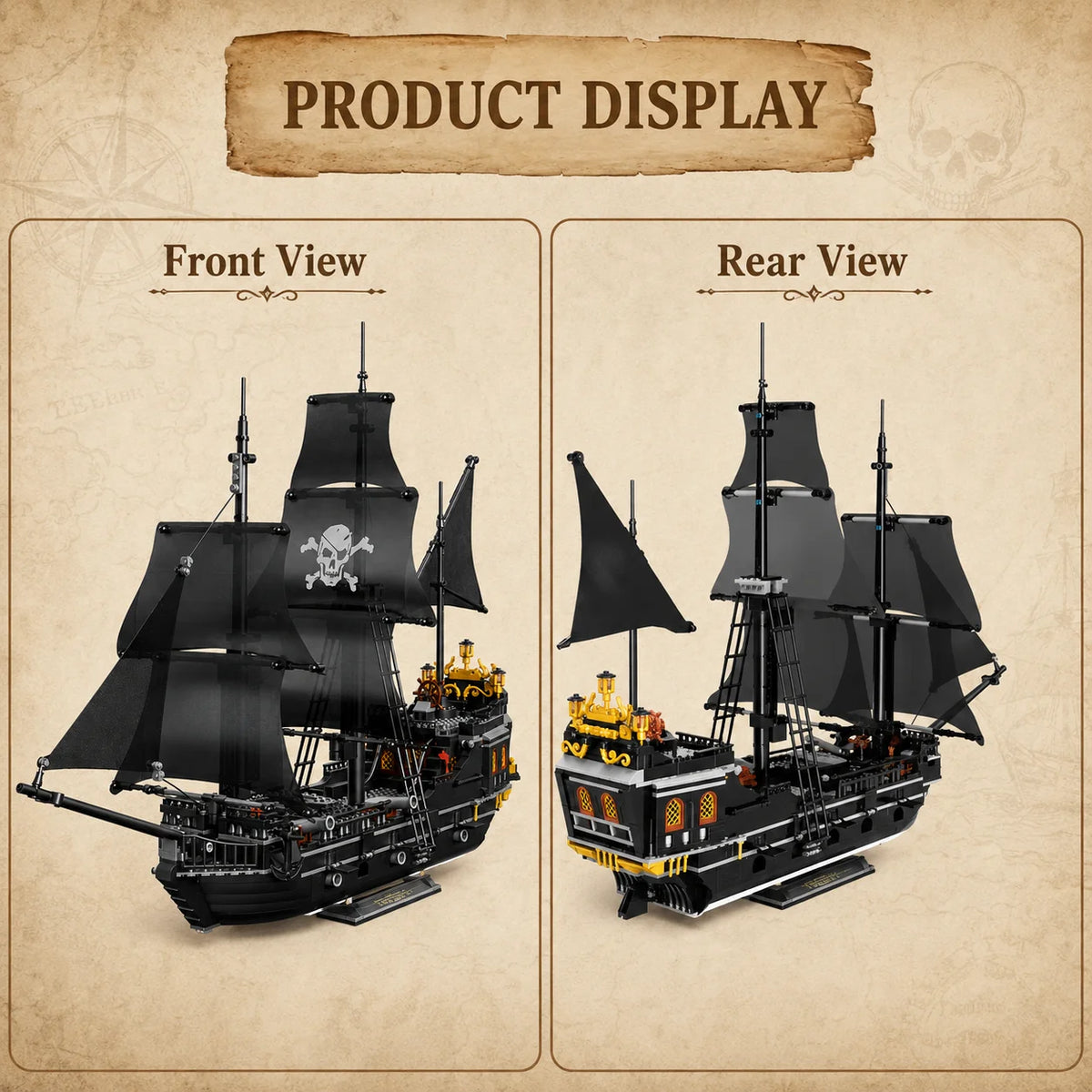 1424PCS Black Pirate Ship Building Blocks Skeleton Ghost Boat Model Assembly Bricks Toys Desktop Decoration Adult Holiday Gifts