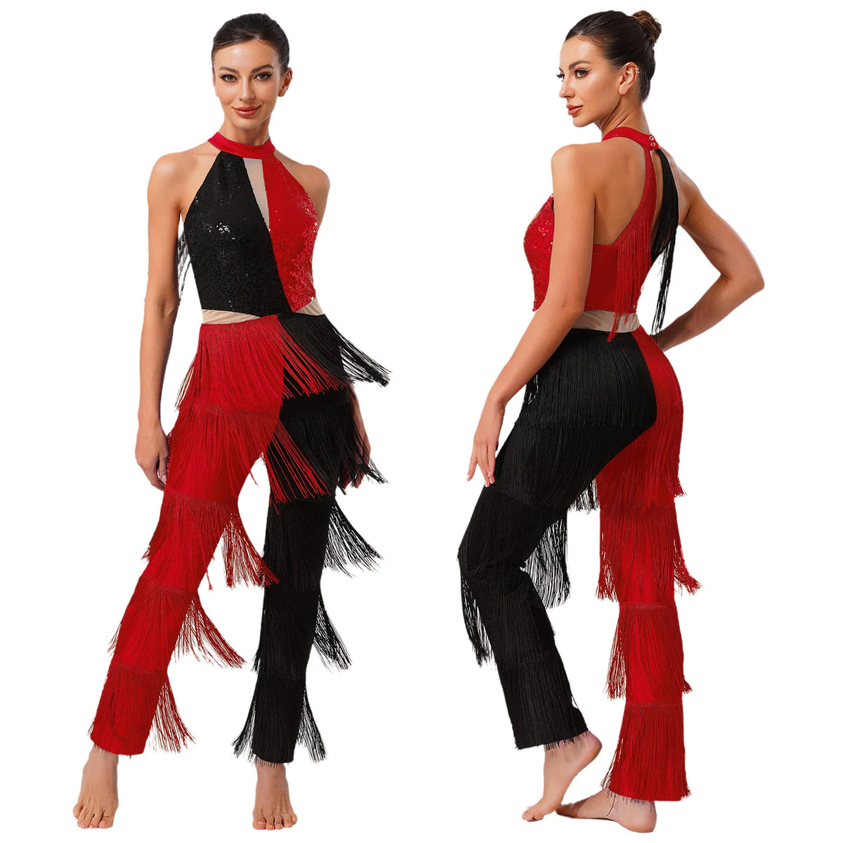 Women 70-80s Disco Latin Jazz Dance Cha-cha Bodysuit Shiny Sequin Tassel Jumpsuit Halloween Carnival Cosplay Performance Costume