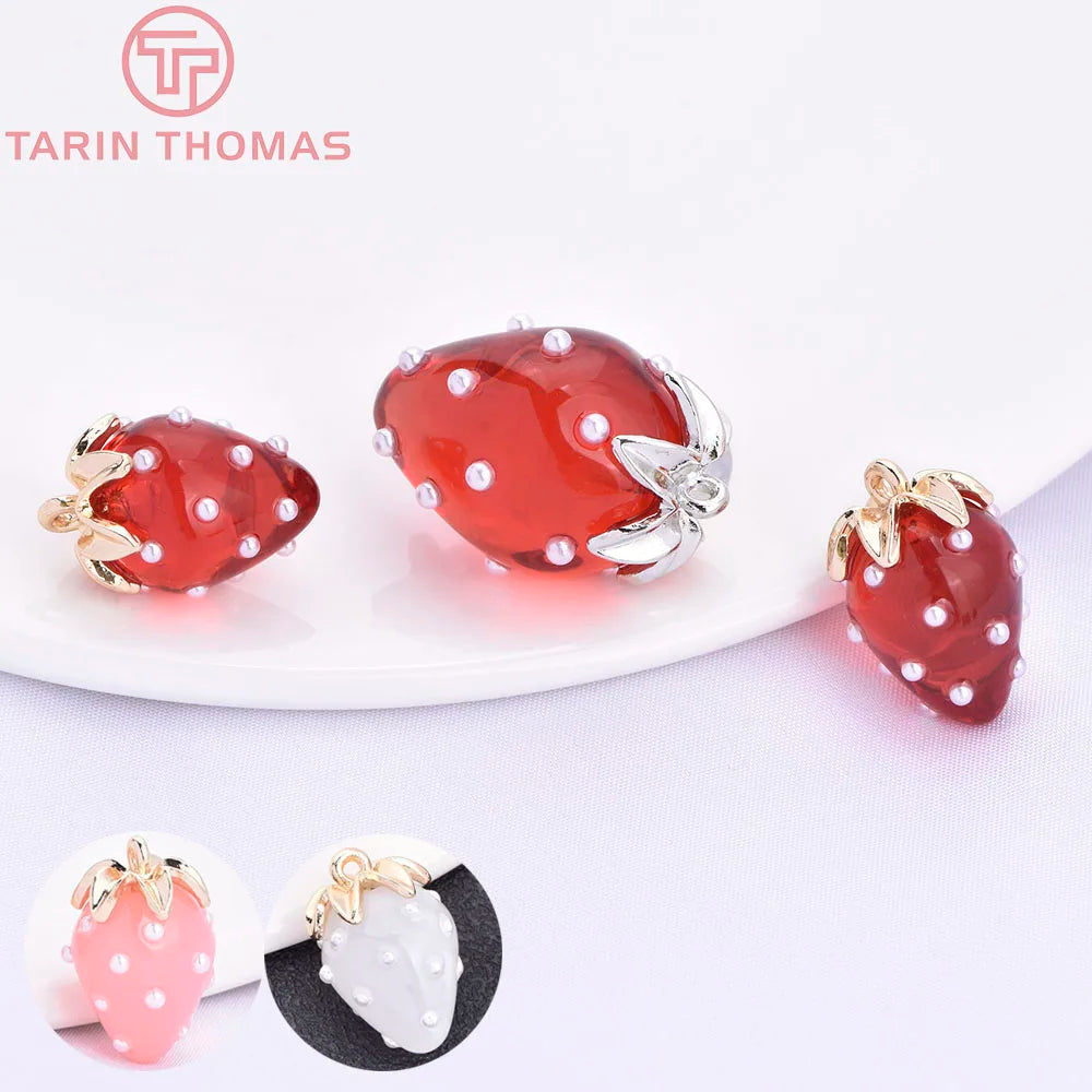 (10593) 4PCS 24K Gold Color Brass Pearl Embellished Hollow Strawberry Shaped Pendants High Quality DIY Jewelry Making