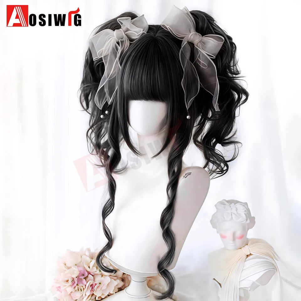 Synthetic Princess Cut Double Ponytail Lolita Wig with Bangs Girl Ombre Blonde Brown White Gray Cosplay Halloween Harajuku Wig