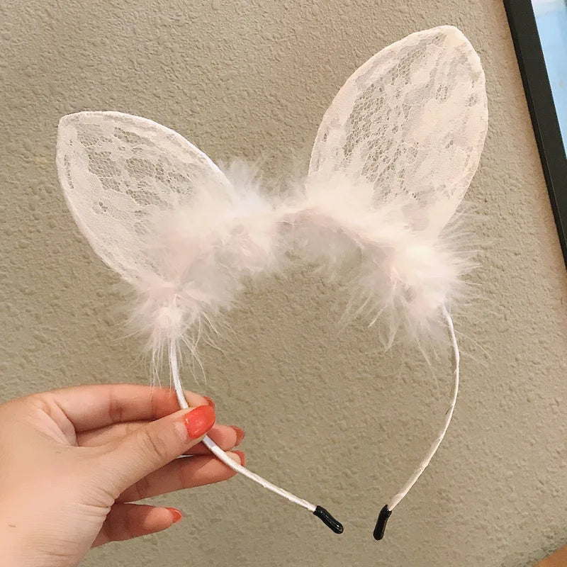 Plush Lace Cat Ears Bell Headband for Women Korean Style Elegant Fashion Girl Hair Band Party Cosplay