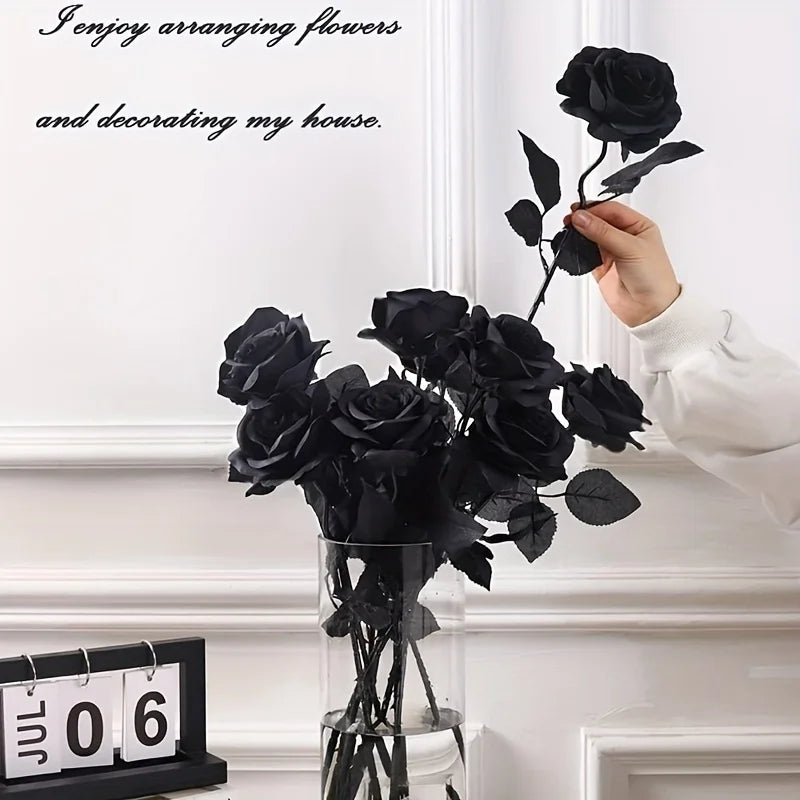 10pcs Artificial Black Roses Fake Flowers, Long Stem, with No Container, for Halloween, Home Decor, Wedding Party, Tabletop