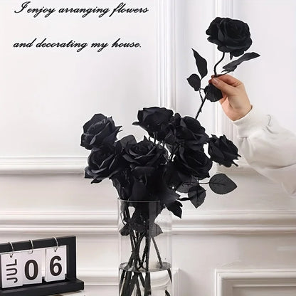 10pcs Artificial Black Roses Fake Flowers, Long Stem, with No Container, for Halloween, Home Decor, Wedding Party, Tabletop