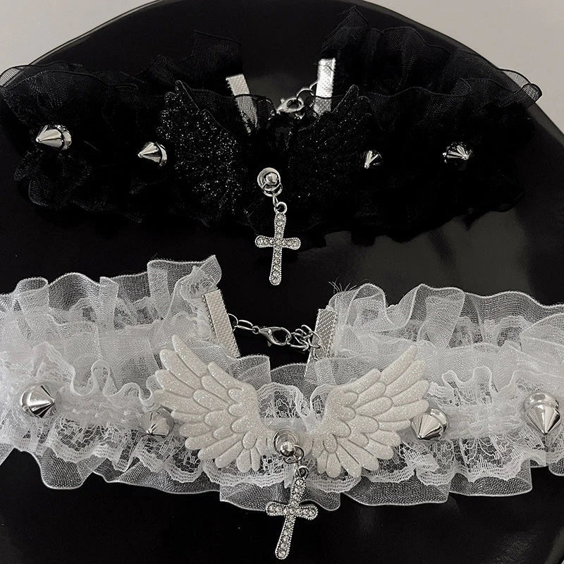 Y2K Women Sequins Wings Cross Spike Charms Adjustable Chain Necklaces Goth Vintage Accessories Halloween Cosplay Party Jewelry