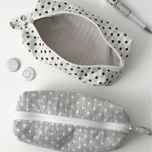 Portable Fabric Pencil Bag for Students Ins Korean Style Dot Pencil Case Large Capacity Fashion Stationery Organizer Makeup Bag