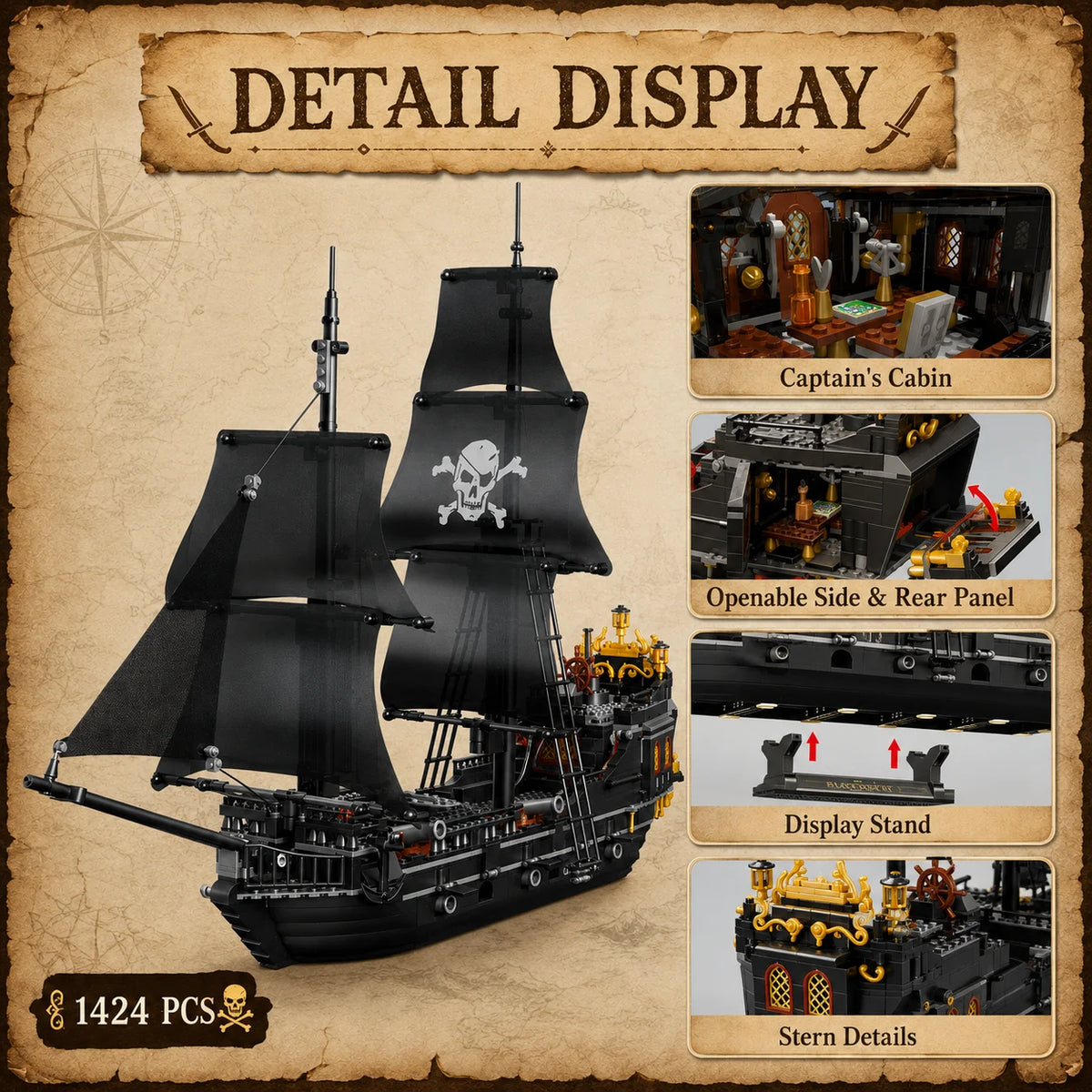 1424PCS Black Pirate Ship Building Blocks Skeleton Ghost Boat Model Assembly Bricks Toys Desktop Decoration Adult Holiday Gifts