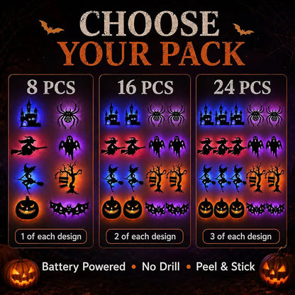 8pcs Halloween LED-Silhouette Wall Light Stickers Glow-In-The-Dark Bats Spiders Wall Decor Spookys Pumpkins Spiders Tree Decor