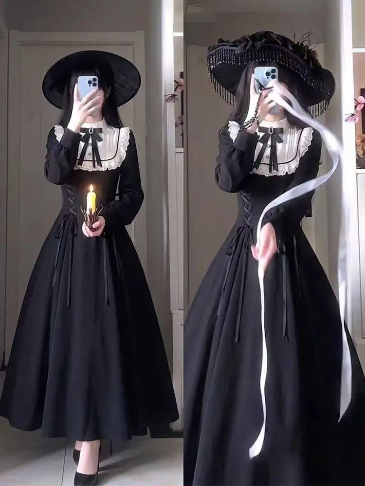 Gothic Vintage Lace Y2k Mini Dress Women Design Streetwear Black Lolita Slim Dress Long Sleeve Elegant Dress Spicy Girls