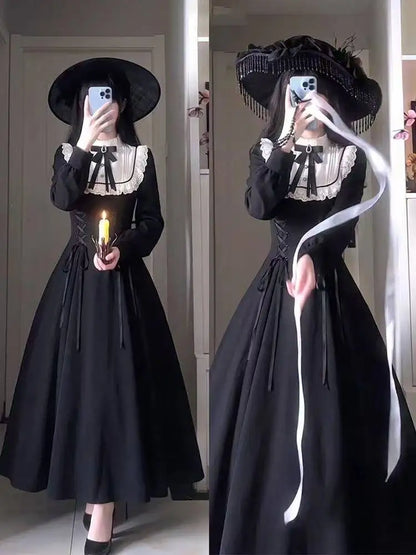 Gothic Vintage Lace Y2k Mini Dress Women Design Streetwear Black Lolita Slim Dress Long Sleeve Elegant Dress Spicy Girls