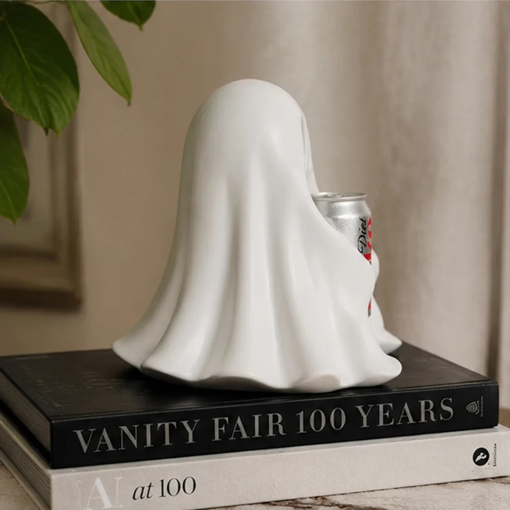Ghost Holding Soda Can Resin Statue, Spooky Ghost Drink Holder Figurine, Halloween Desktop Ornament,Funny Ghost Table Home Decor