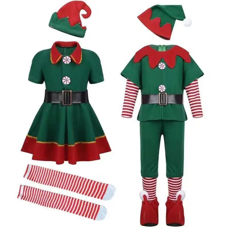 2025 New Christmas Children's and Adult Christmas Elf Costumes, Santa Claus Green Elf Costumes, Cosplay Halloween Costume Set