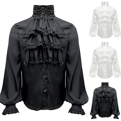 Men Steampunk Shirt Vintage Prince Medieval Renaissance Blouse Male White Black Turtleneck Tops Victorian Cosplay Costumes