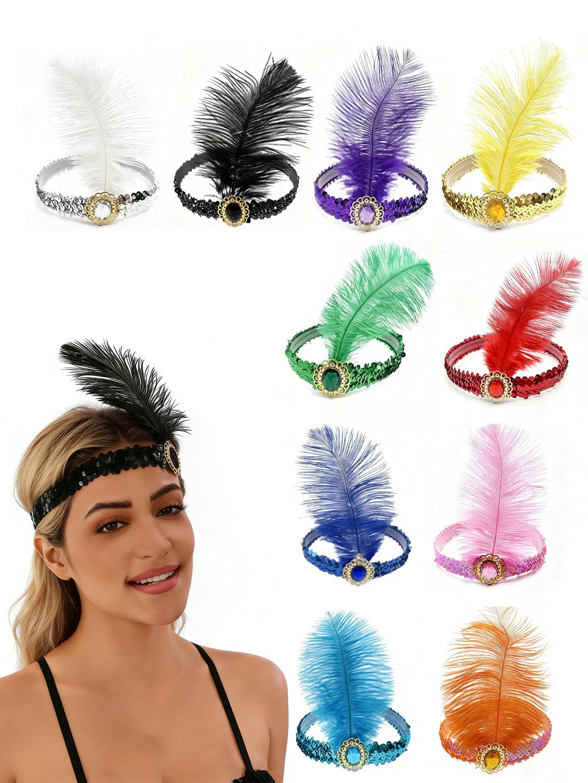 1920s Flapper Headband Feather Headpiece Sequin Headband with Gem for Gatsby Party Halloween Costume Accessory