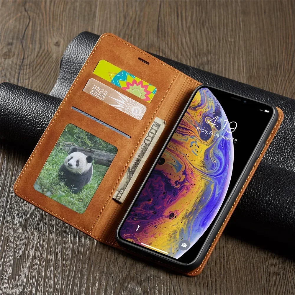 Thin Suede Leather Wallet Case for iPhone 11 12 13 14 15 16 17 18 Pro Max Mini XR XS 8 7 6 Plus SE 5S Flip Cover Strong Magnet