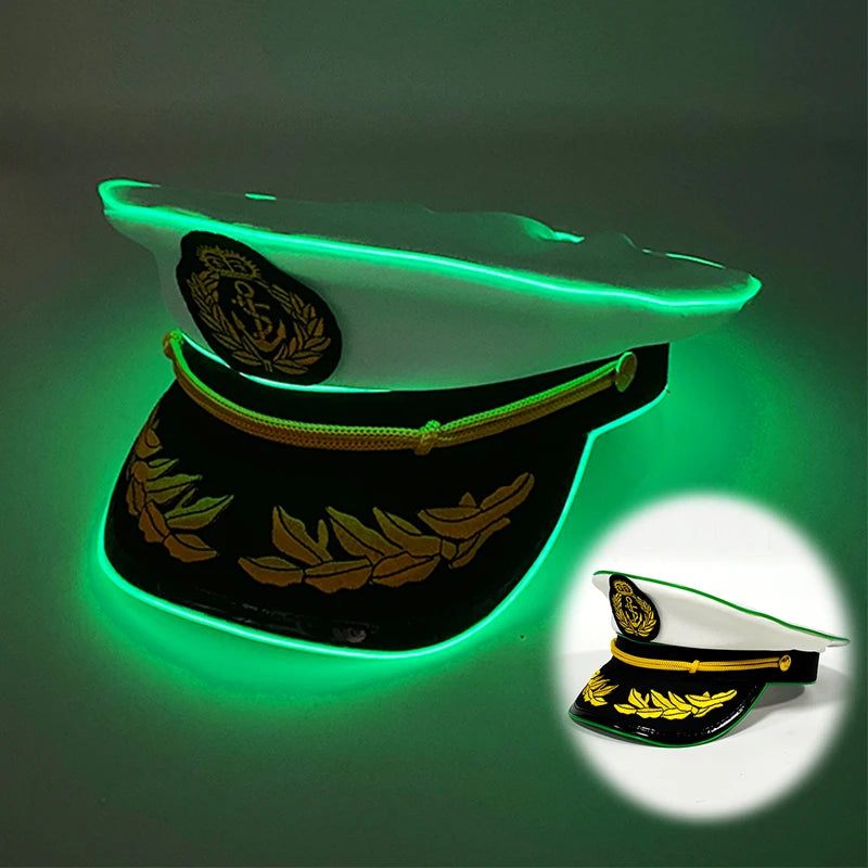 Cool White Military Hats with  Glowing LED Light Adult Navy Hat Yacht Cap Skipper  Sailor Captain Halloween Cosplay DJ Decor
