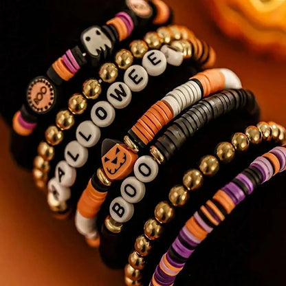 FTCY 7pcs Halloween Bracelet for Men Women Retro Spooky Pumpkin Polymer Clay Beaded Bracelet Set Cosplay Party Jewelry Gift