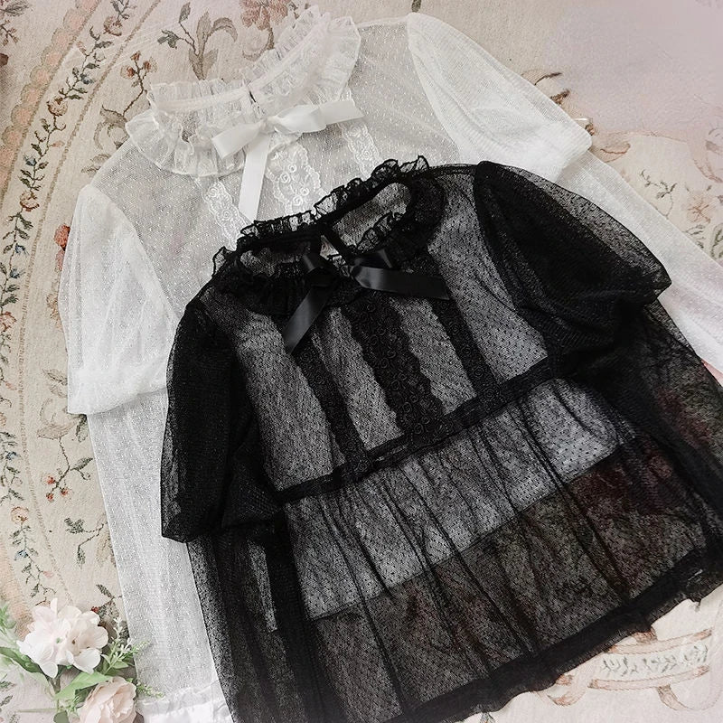 Japanese Victorian Retro Lolita Blouses Women Sweet Bow Roffles Lace Mesh Long Sleeved Shirts Girls Kawaii Loose Jsk Inside Tops