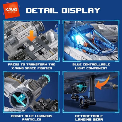 KAVOWORLD 1271pcs X-Wing Space Fighter Building Blocks Set with LED Light Up Mechanical Linkage Transformable Starship Bricks Retractable Landing Gear Display Model Construction Toy Space Vehicle with Pilot Bricks Gift for Ad
