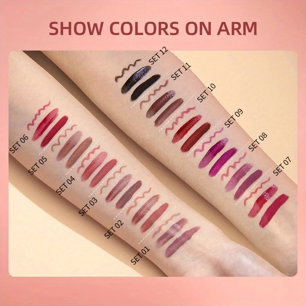 3 in 1 Lipstick and Lipliner Set, Long Lasting Waterproof Lip Stain Liquid Lipgloss Set for Women Halloween Gothic Makeup