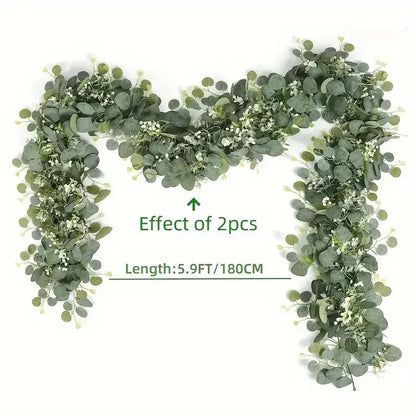 Lush 70.8" Faux Eucalyptus Garland With White Flowers - Perfect For Home & Holiday Decor, Wall Hanging, Yard, And Party Accents
