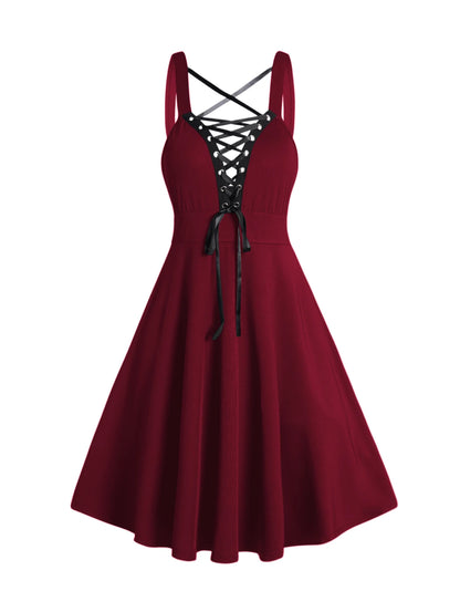 2025 Womens Gothic Dresses Sets Solid Color Open Front Crop Jacket and Lace Up Buckle Strap Crisscross Dress Outfit