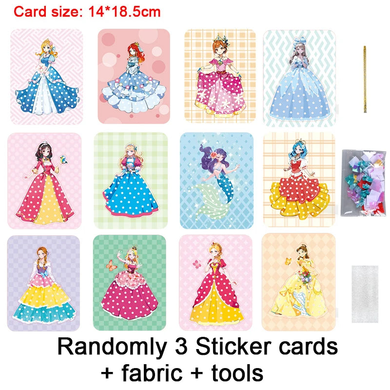 3-12pcs Sticker Cards Fabric Art Craze Poke Caft Toys Creative Puzzle Puncture Painting Poking  Princess Dressing Game Children