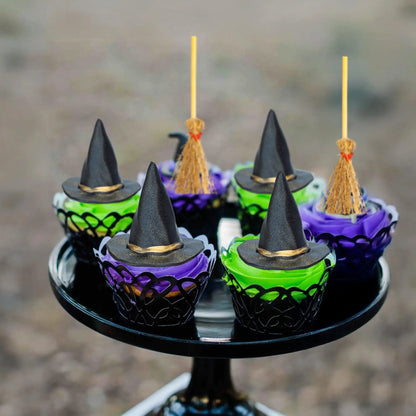 12Pcs Mini Witch Hats and Brooms Cake Toppers Halloween Mini Wizard Hats Cake Decorations for Birthday Wedding DIY Party Favors